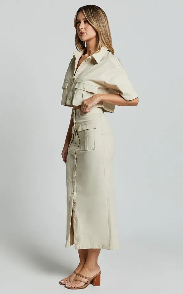 Showpo Davina Two Piece Set 8211 Button Front Top And Midi Skirt Set In Sand Women Two Piece Sets and Coords
