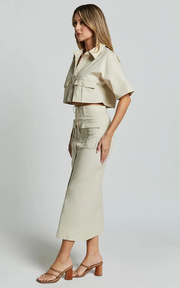 Showpo Davina Two Piece Set 8211 Button Front Top And Midi Skirt Set In Sand Women Two Piece Sets and Coords