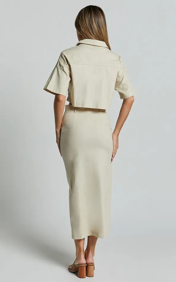 Showpo Davina Two Piece Set 8211 Button Front Top And Midi Skirt Set In Sand Women Two Piece Sets and Coords