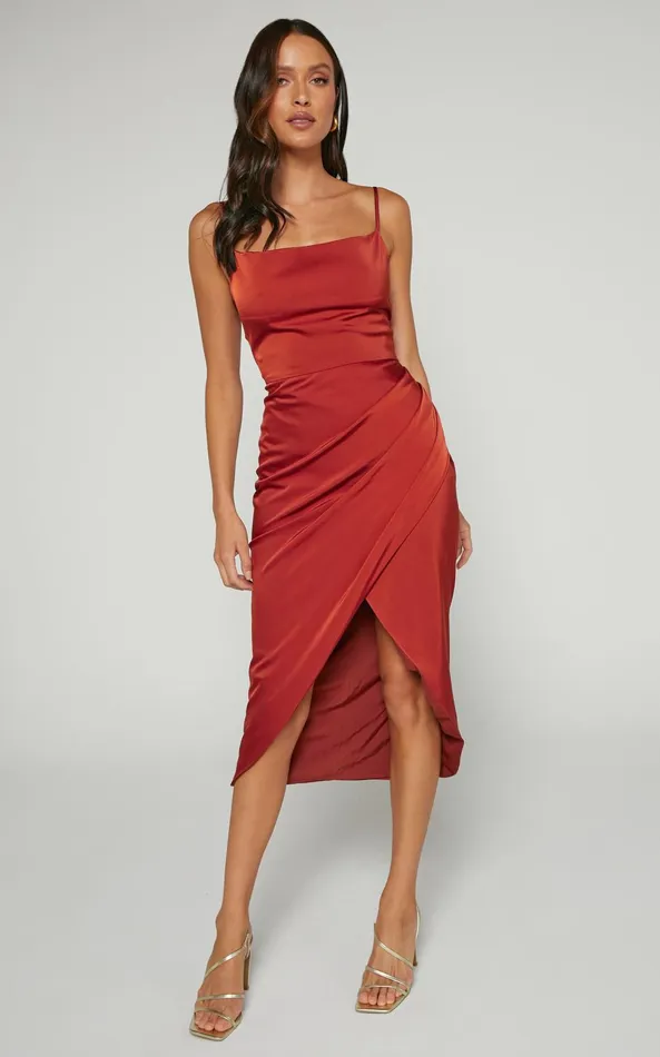 Showpo Dazzling Lights Midi Dress In Copper Satin Women Curve Clothes