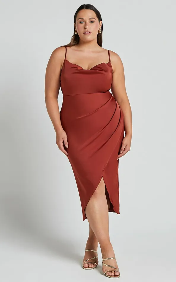 Showpo Dazzling Lights Midi Dress In Copper Satin Women Curve Clothes