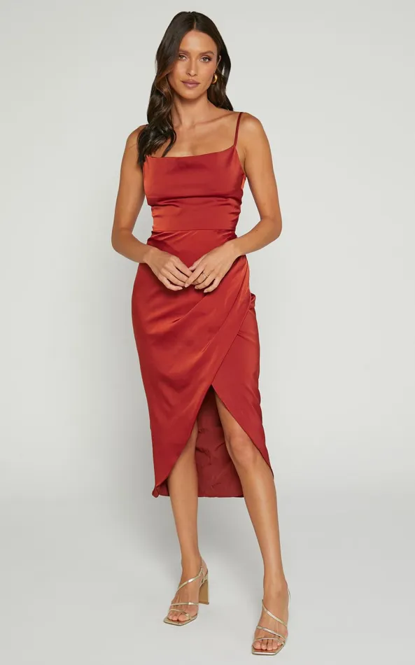 Showpo Dazzling Lights Midi Dress In Copper Satin Women Curve Clothes