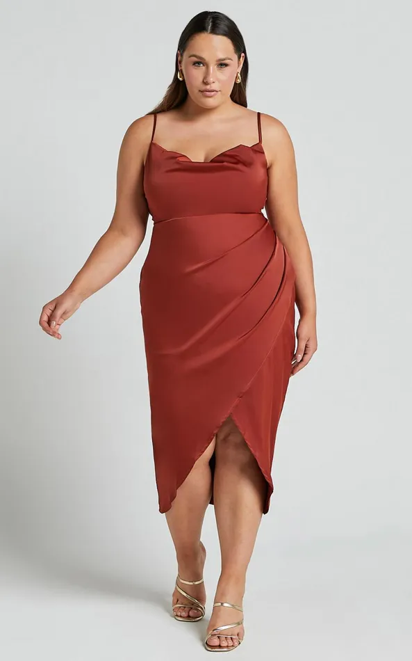 Showpo Dazzling Lights Midi Dress In Copper Satin Women Curve Clothes