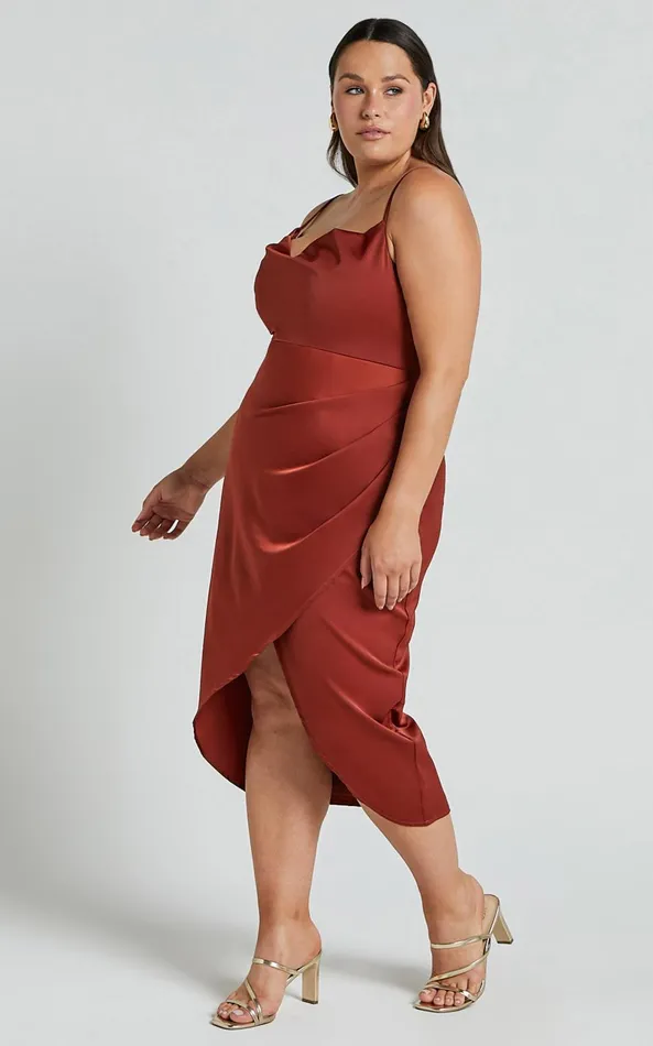 Showpo Dazzling Lights Midi Dress In Copper Satin Women Curve Clothes