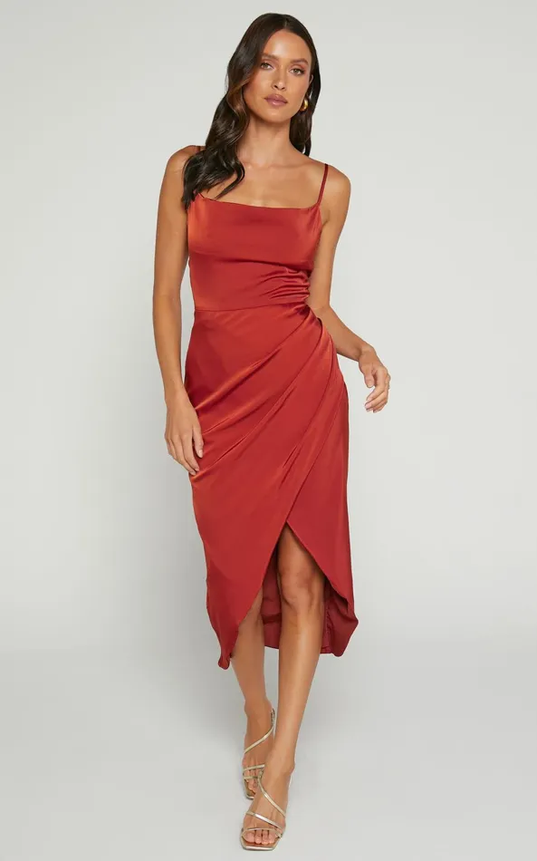 Showpo Dazzling Lights Midi Dress In Copper Satin Women Curve Clothes