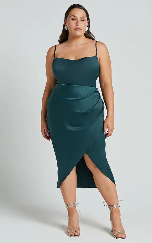 Showpo Dazzling Lights Midi Dress In Emerald Satin Women Curve Clothes