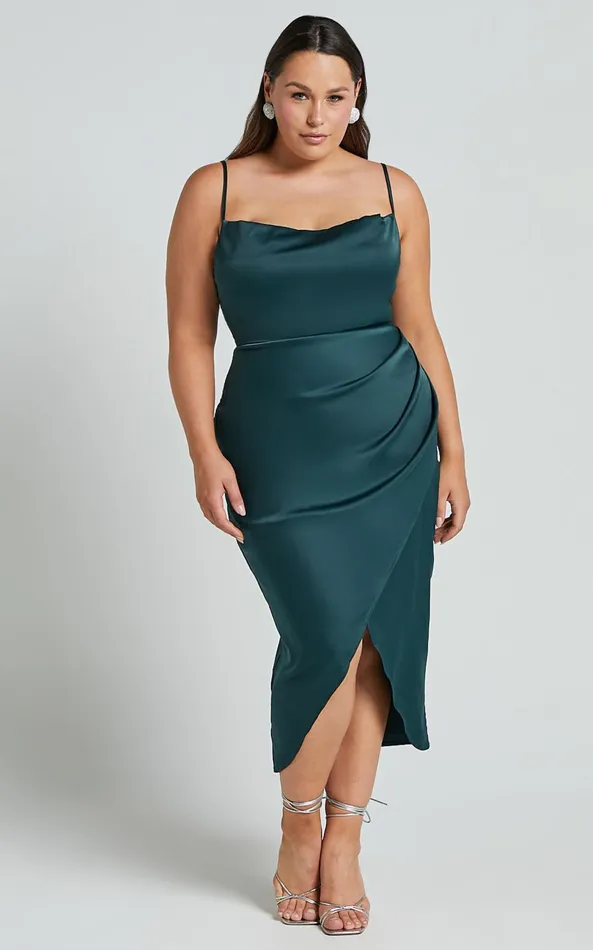 Showpo Dazzling Lights Midi Dress In Emerald Satin Women Curve Clothes