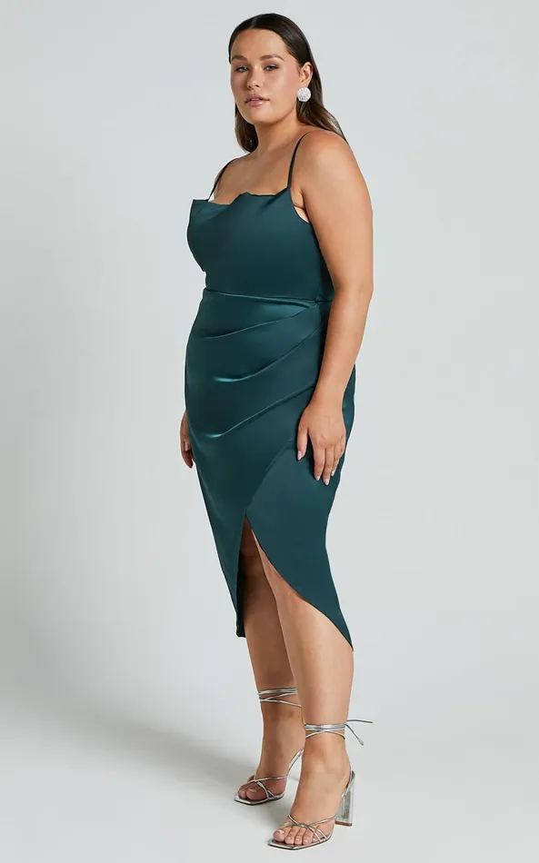 Showpo Dazzling Lights Midi Dress In Emerald Satin Women Curve Clothes
