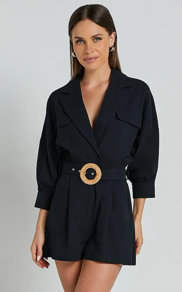 Showpo Deacon Playsuit 8211 Collared 34 Sleeve Belted Playsuit In Black Women Rompers Showpo Deacon Playsuit 8211 Collared 34 Sleeve Belted Playsuit In Black Women Rompers