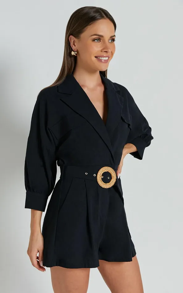 Showpo Deacon Playsuit 8211 Collared 34 Sleeve Belted Playsuit In Black Women Rompers