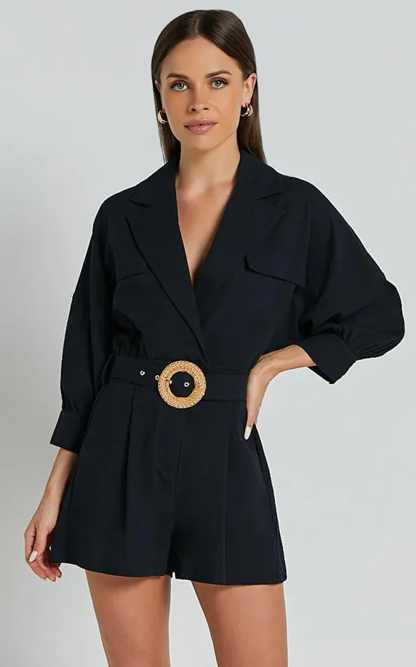 Showpo Deacon Playsuit 8211 Collared 34 Sleeve Belted Playsuit In Black Women Rompers
