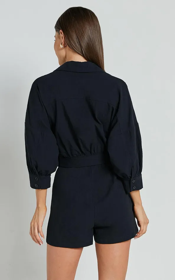Showpo Deacon Playsuit 8211 Collared 34 Sleeve Belted Playsuit In Black Women Rompers