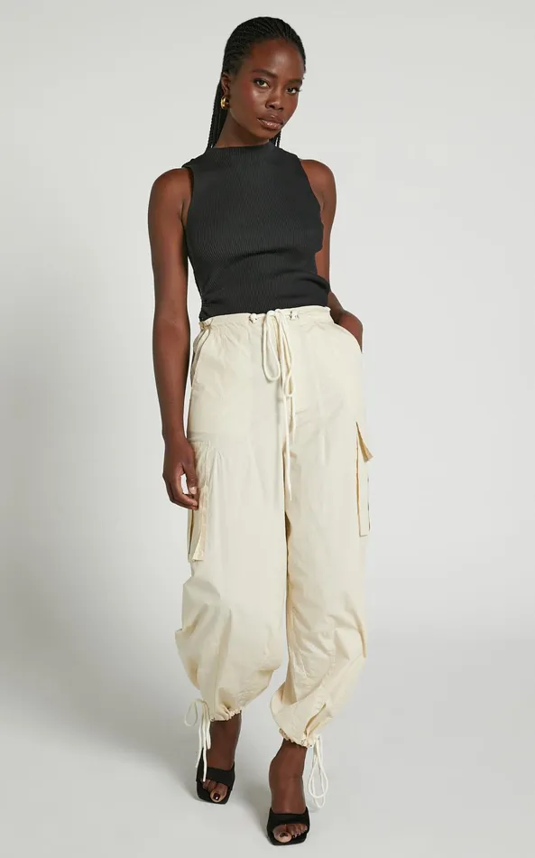 Showpo Dean Pants 8211 Drawstring Cargo Pants In Neutral Women Pants