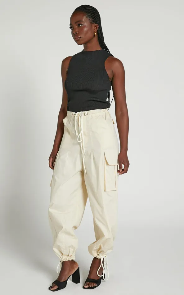 Showpo Dean Pants 8211 Drawstring Cargo Pants In Neutral Women Pants