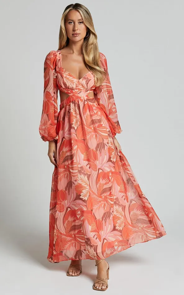 Showpo Deborah Midi Dress 8211 Ballon Sleeve V Neck Side Cut Out Dress In Orange Floral Women Dresses Showpo Deborah Midi Dress 8211 Ballon Sleeve V Neck Side Cut Out Dress In Orange Floral Women Dresses