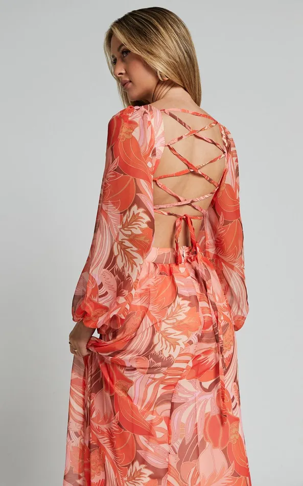 Showpo Deborah Midi Dress 8211 Ballon Sleeve V Neck Side Cut Out Dress In Orange Floral Women Dresses