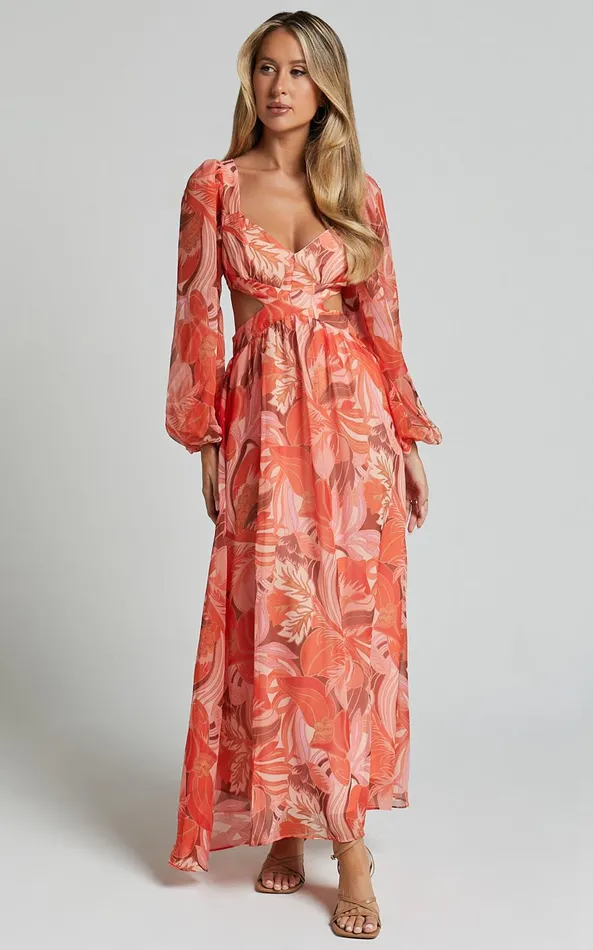 Showpo Deborah Midi Dress 8211 Ballon Sleeve V Neck Side Cut Out Dress In Orange Floral Women Dresses