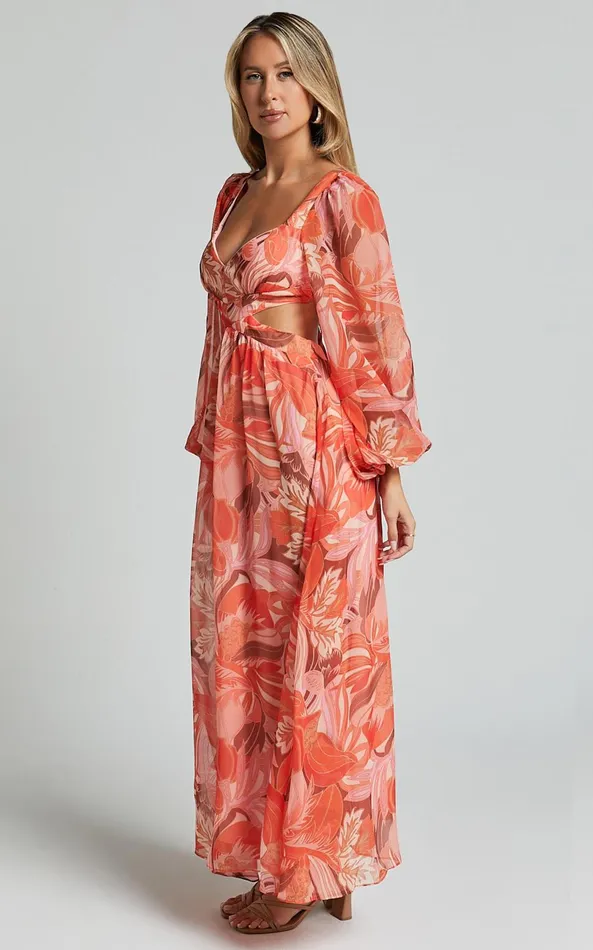 Showpo Deborah Midi Dress 8211 Ballon Sleeve V Neck Side Cut Out Dress In Orange Floral Women Dresses