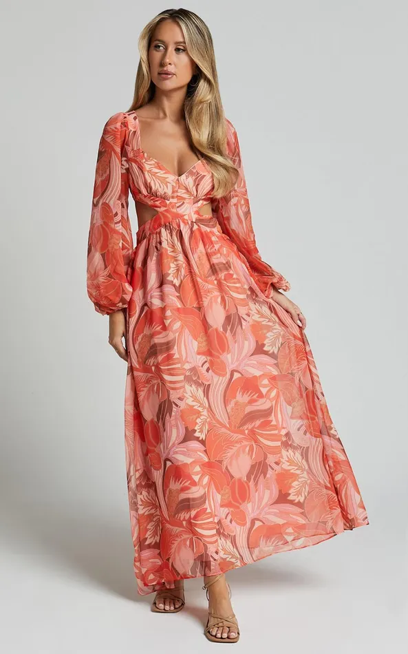 Showpo Deborah Midi Dress 8211 Ballon Sleeve V Neck Side Cut Out Dress In Orange Floral Women Dresses