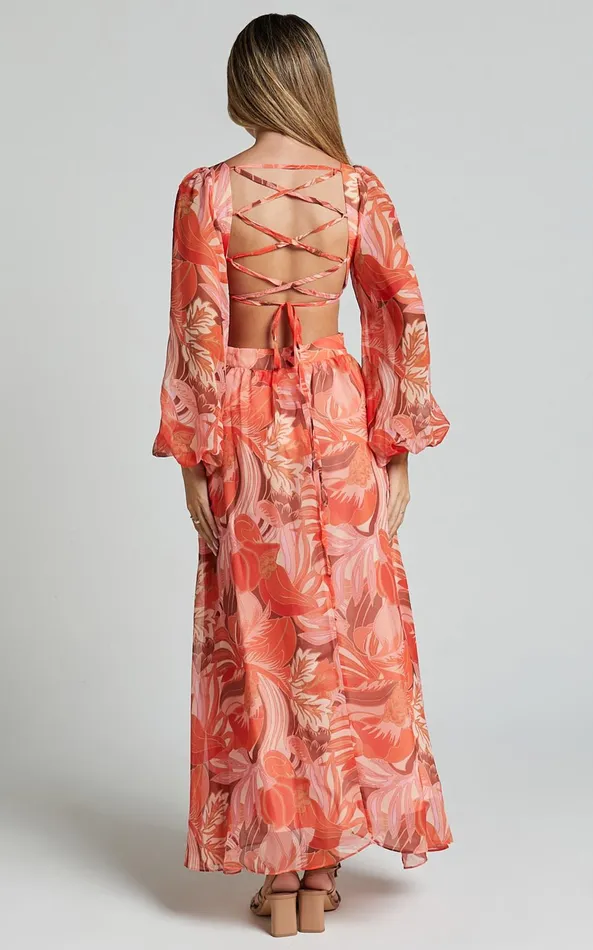 Showpo Deborah Midi Dress 8211 Ballon Sleeve V Neck Side Cut Out Dress In Orange Floral Women Dresses