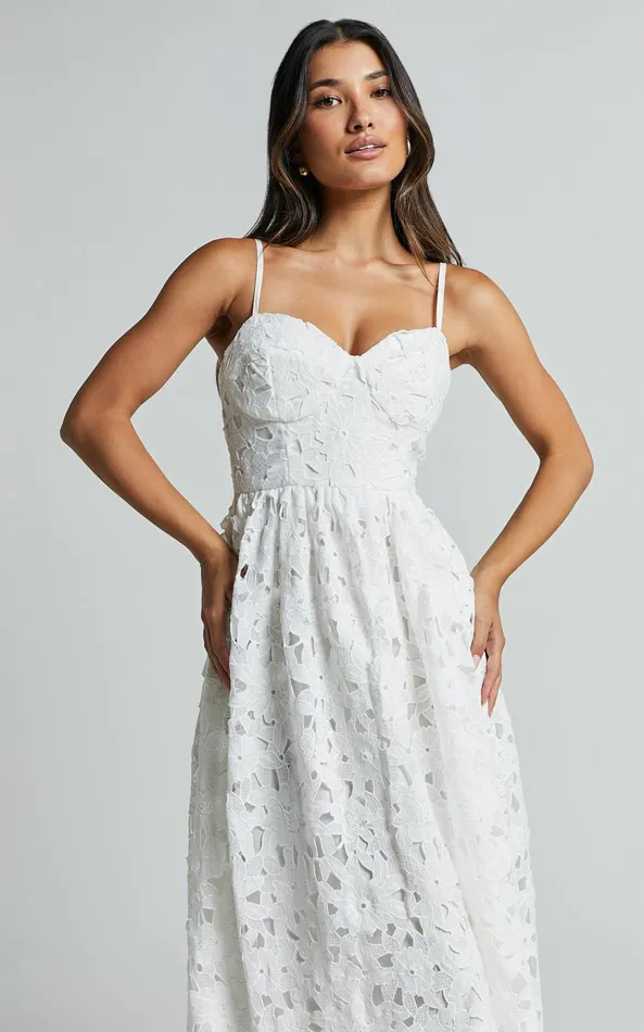 Showpo Deborah Midi Dress 8211 Strappy Sweetheart Neck Corset Lace Dress In White Women Dresses