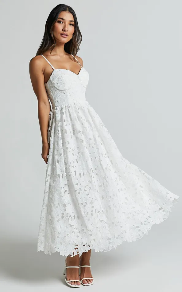Showpo Deborah Midi Dress 8211 Strappy Sweetheart Neck Corset Lace Dress In White Women Dresses