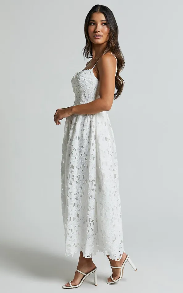 Showpo Deborah Midi Dress 8211 Strappy Sweetheart Neck Corset Lace Dress In White Women Dresses