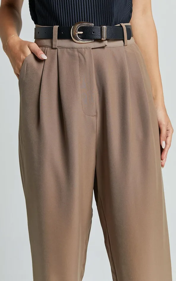 Showpo Delailah Pants 8211 Tailored High Waisted Pleat Front Tapered Leg In Cappuccino Women Pants