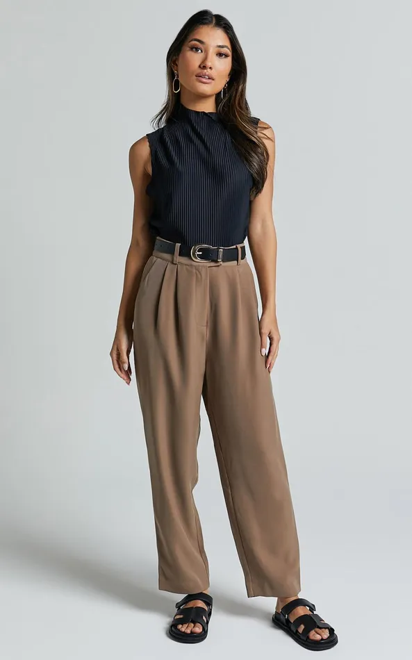 Showpo Delailah Pants 8211 Tailored High Waisted Pleat Front Tapered Leg In Cappuccino Women Pants