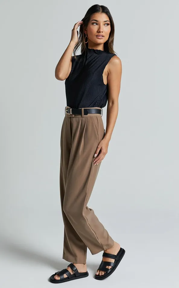 Showpo Delailah Pants 8211 Tailored High Waisted Pleat Front Tapered Leg In Cappuccino Women Pants