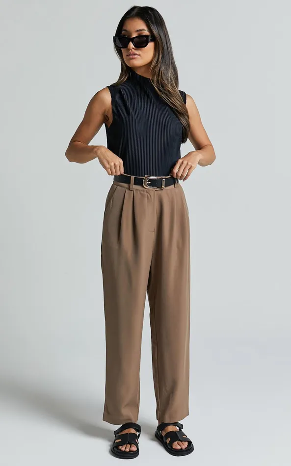 Showpo Delailah Pants 8211 Tailored High Waisted Pleat Front Tapered Leg In Cappuccino Women Pants