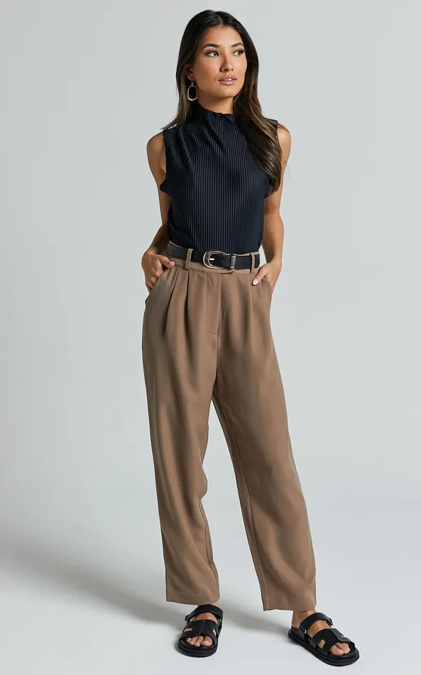 Showpo Delailah Pants 8211 Tailored High Waisted Pleat Front Tapered Leg In Cappuccino Women Pants