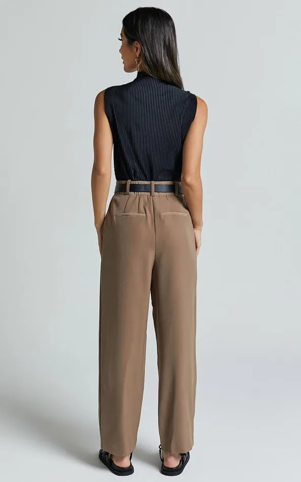 Showpo Delailah Pants 8211 Tailored High Waisted Pleat Front Tapered Leg In Cappuccino Women Pants