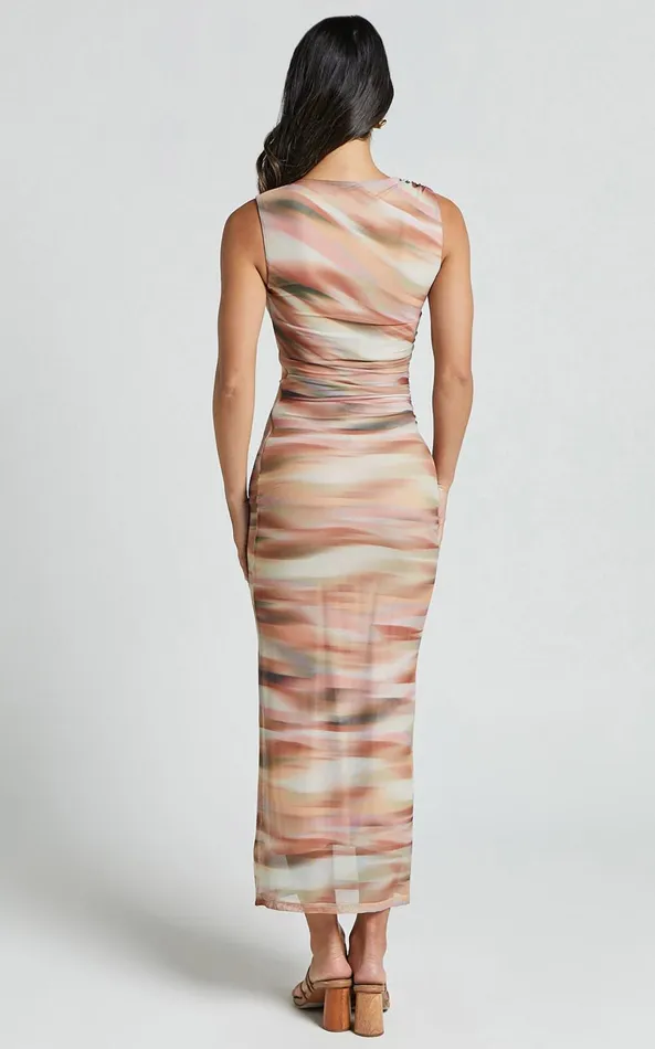 Showpo Delia Midi Dress 8211 Scoop Neck Bodycon Mesh Dress In Neutral Wave Print Women Dresses
