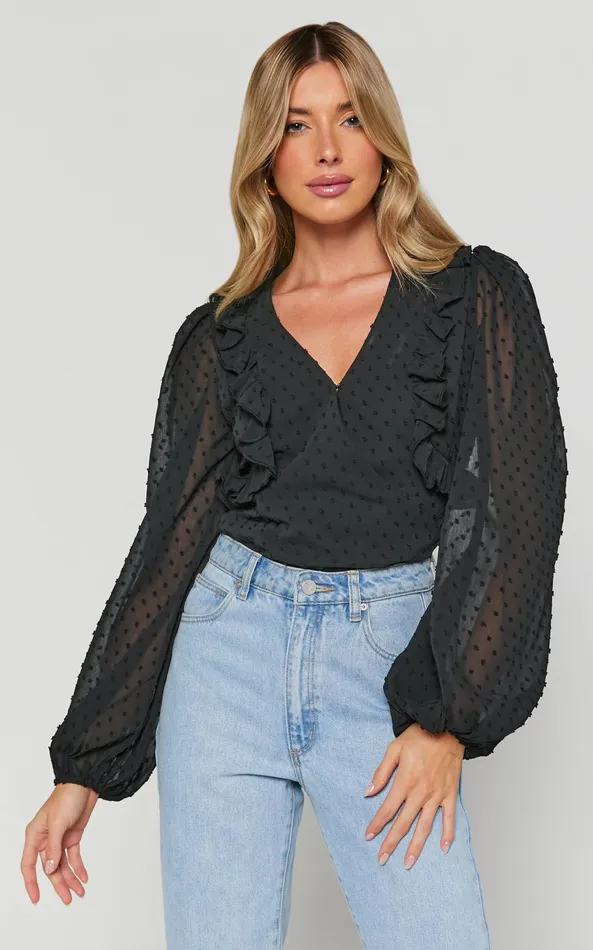 Showpo Delilah Bodysuit 8211 V Neck Long Blouson Sleeve Bodysuit In Black Women Tops Showpo Delilah Bodysuit 8211 V Neck Long Blouson Sleeve Bodysuit In Black Women Tops