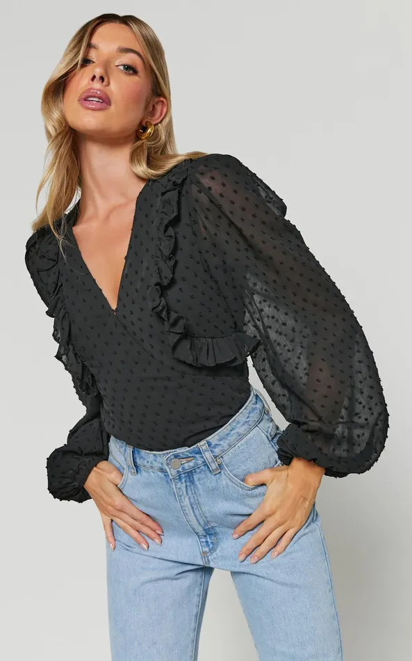 Showpo Delilah Bodysuit 8211 V Neck Long Blouson Sleeve Bodysuit In Black Women Tops