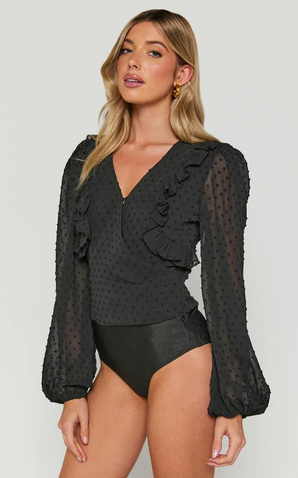 Showpo Delilah Bodysuit 8211 V Neck Long Blouson Sleeve Bodysuit In Black Women Tops