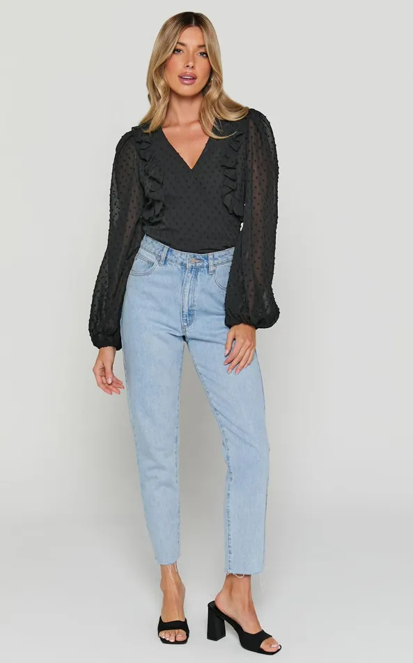 Showpo Delilah Bodysuit 8211 V Neck Long Blouson Sleeve Bodysuit In Black Women Tops