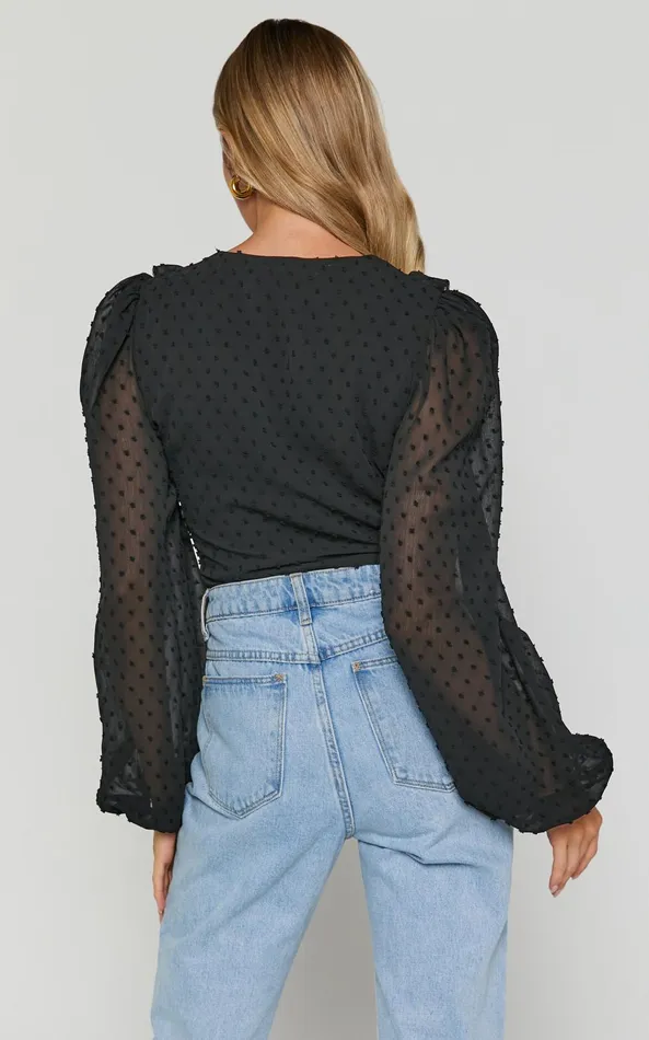 Showpo Delilah Bodysuit 8211 V Neck Long Blouson Sleeve Bodysuit In Black Women Tops