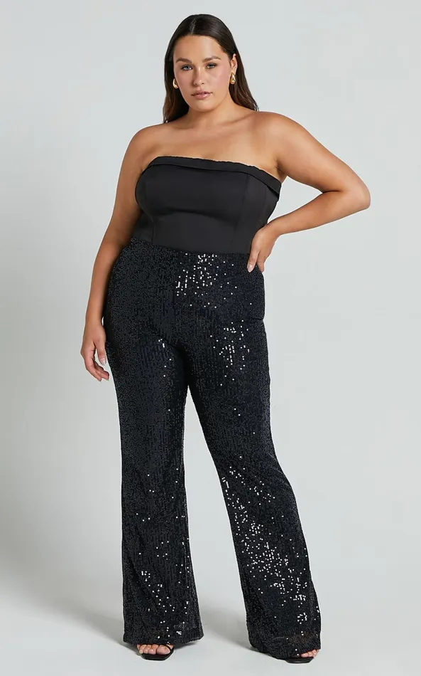 Showpo Deliza Pants 8211 Mid Waisted Sequin Flare Pants In Black Women Curve Clothes