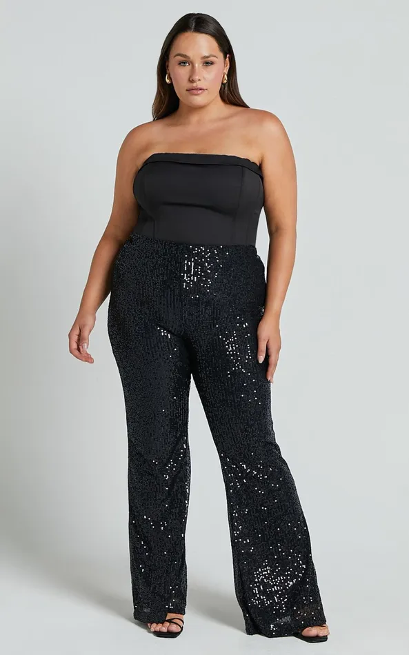 Showpo Deliza Pants 8211 Mid Waisted Sequin Flare Pants In Black Women Curve Clothes