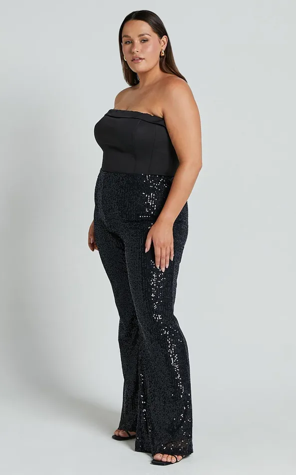 Showpo Deliza Pants 8211 Mid Waisted Sequin Flare Pants In Black Women Curve Clothes