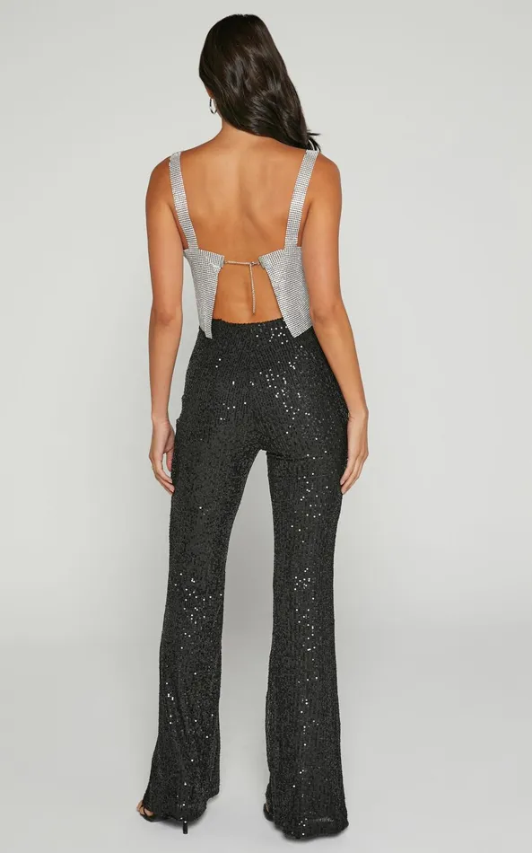 Showpo Deliza Pants 8211 Mid Waisted Sequin Flare Pants In Black Women Curve Clothes