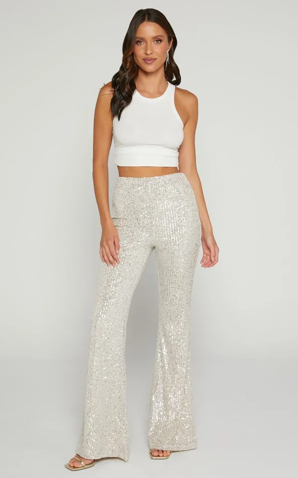 Showpo Deliza Pants 8211 Mid Waisted Sequin Flare Pants In Champagne Women Curve Clothes Showpo Deliza Pants 8211 Mid Waisted Sequin Flare Pants In Champagne Women Curve Clothes