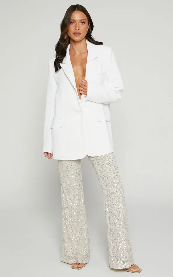 Showpo Deliza Pants 8211 Mid Waisted Sequin Flare Pants In Champagne Women Curve Clothes