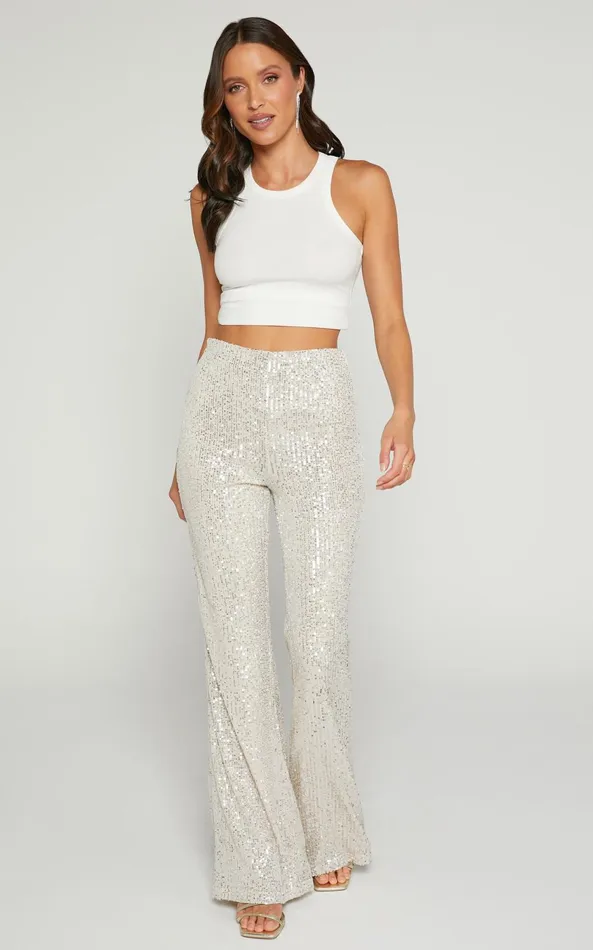Showpo Deliza Pants 8211 Mid Waisted Sequin Flare Pants In Champagne Women Curve Clothes