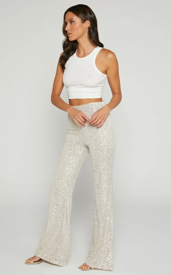 Showpo Deliza Pants 8211 Mid Waisted Sequin Flare Pants In Champagne Women Curve Clothes