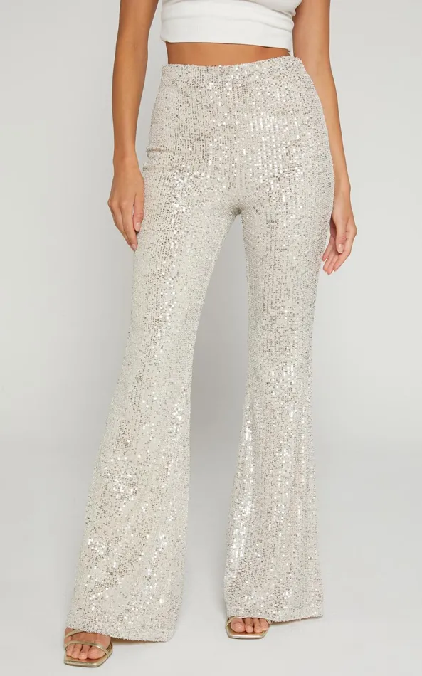 Showpo Deliza Pants 8211 Mid Waisted Sequin Flare Pants In Champagne Women Curve Clothes