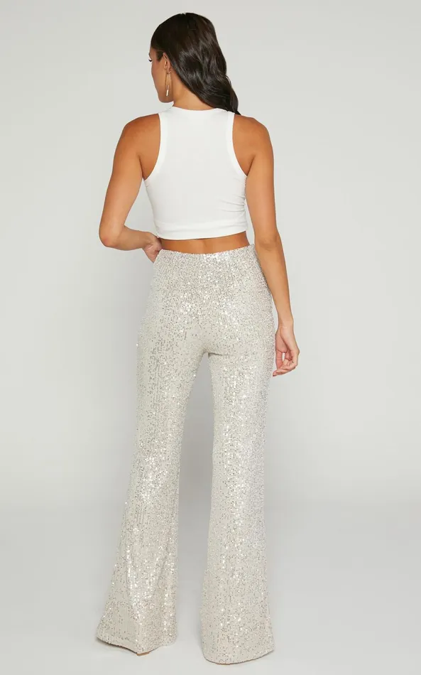 Showpo Deliza Pants 8211 Mid Waisted Sequin Flare Pants In Champagne Women Curve Clothes