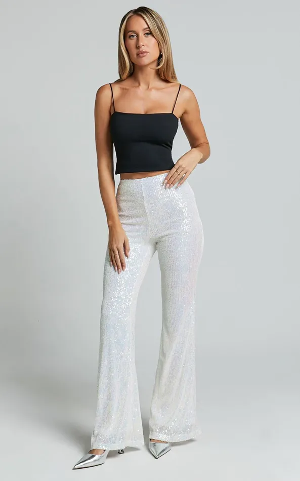 Showpo Deliza Pants 8211 Mid Waisted Sequin Flare Pants In Iridescent White Women Pants Showpo Deliza Pants 8211 Mid Waisted Sequin Flare Pants In Iridescent White Women Pants